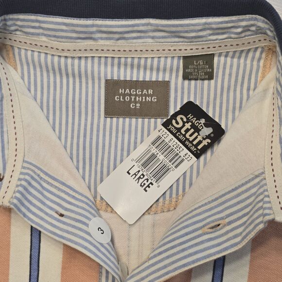 Haggar Polo Shirt L BNWT PEACH Blue Red White Stripe 100% Cotton Collared Polo - Picture 5 of 8